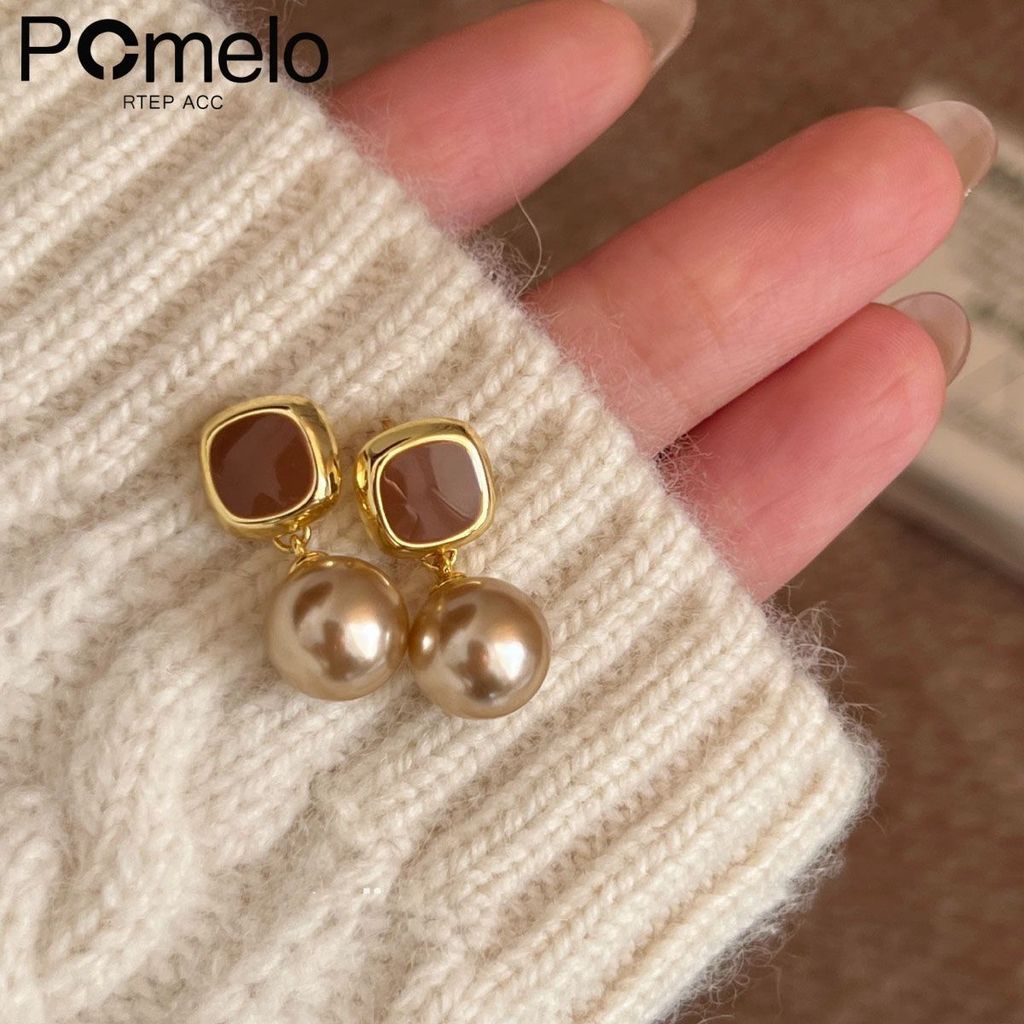 POMELO RTEP ACC Pháp Retro Ngọc Trai Bông Tai Nâu Thu Đông Phong Cách Chanel Cao Cấp Bông Tai Vuông2