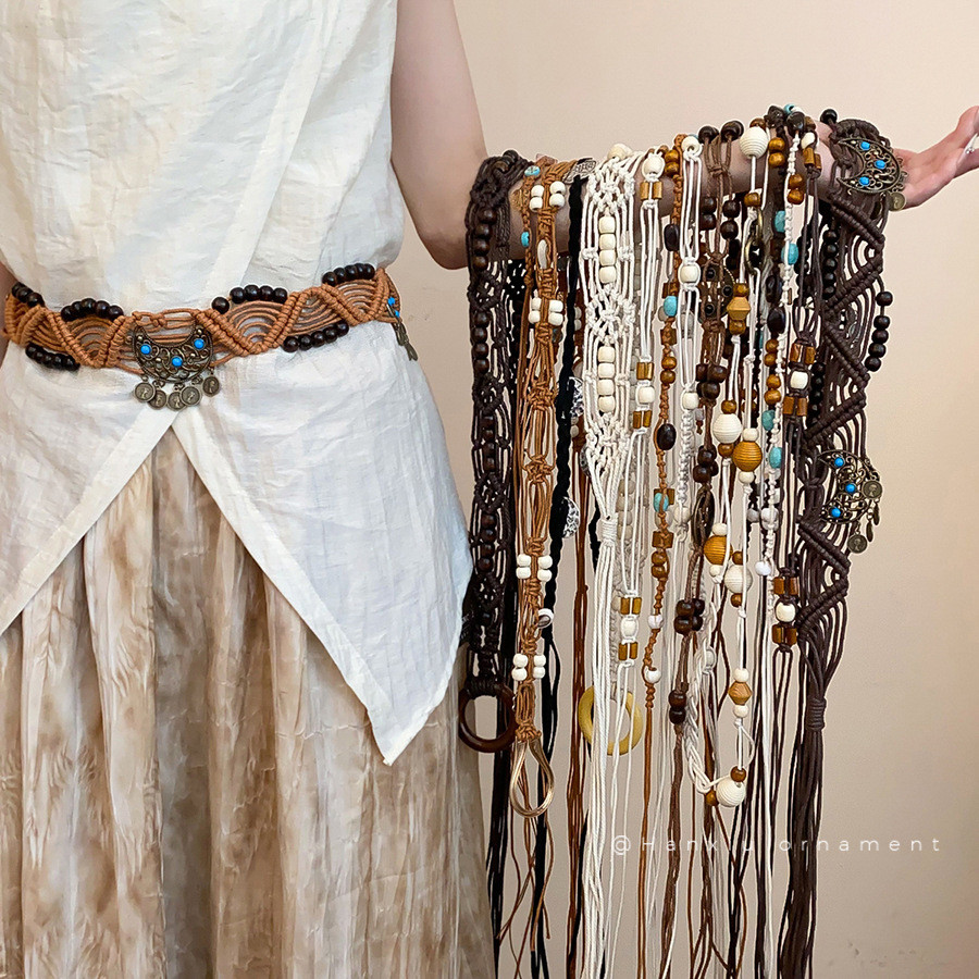 Preferred#Bohemian ethnic style multi-layered hemp rope woven pattern round wooden bead waist chain 