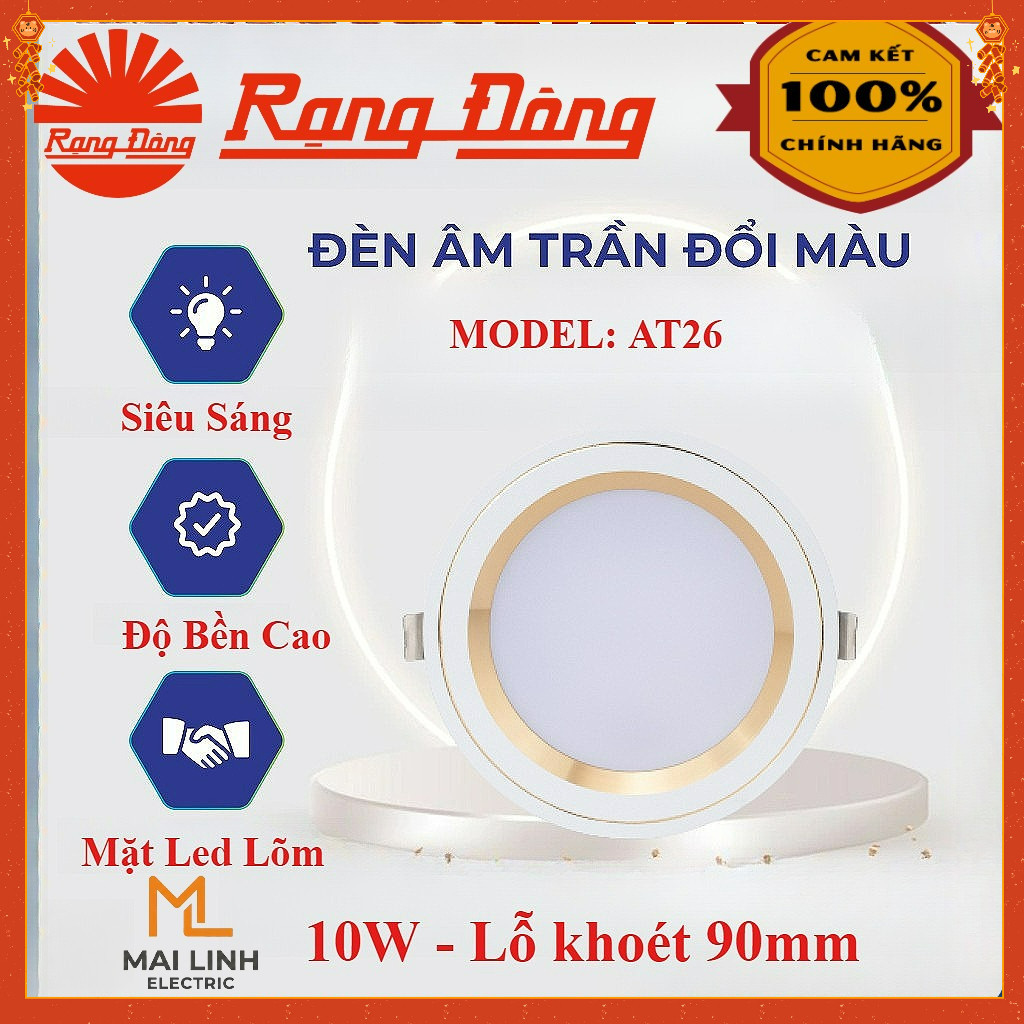 {Rạng Đông} Đèn Led Downlight âm trần Đế Nhôm 10W (Đổi 3 Màu) Viền Vàng - Lỗ khoét 90mm 110mm - Mode
