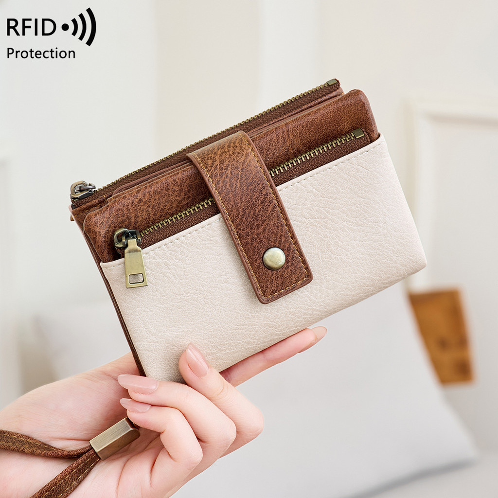 Ví Nữ Ví Đựng Tiền Xu RFID Chống Trộm Ezlink Đựng Thẻ Đa Năng Ba Mặt Ví Ngắn Retro Dung Tích Lớn Ví 