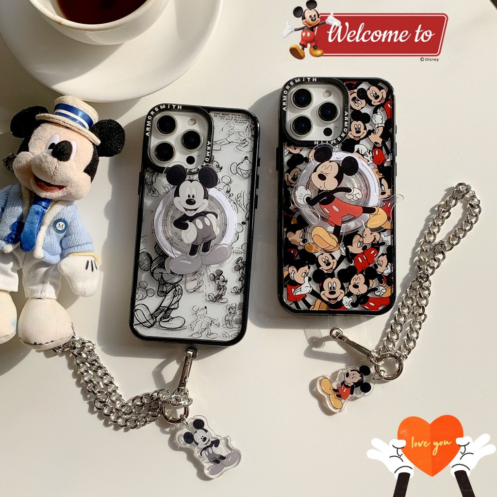 Ốp lưng iPhone 13/14/15/16/17 – Mickey Mouse in họa tiết, đế từ tính xoay, kèm dây chuyền trang trí