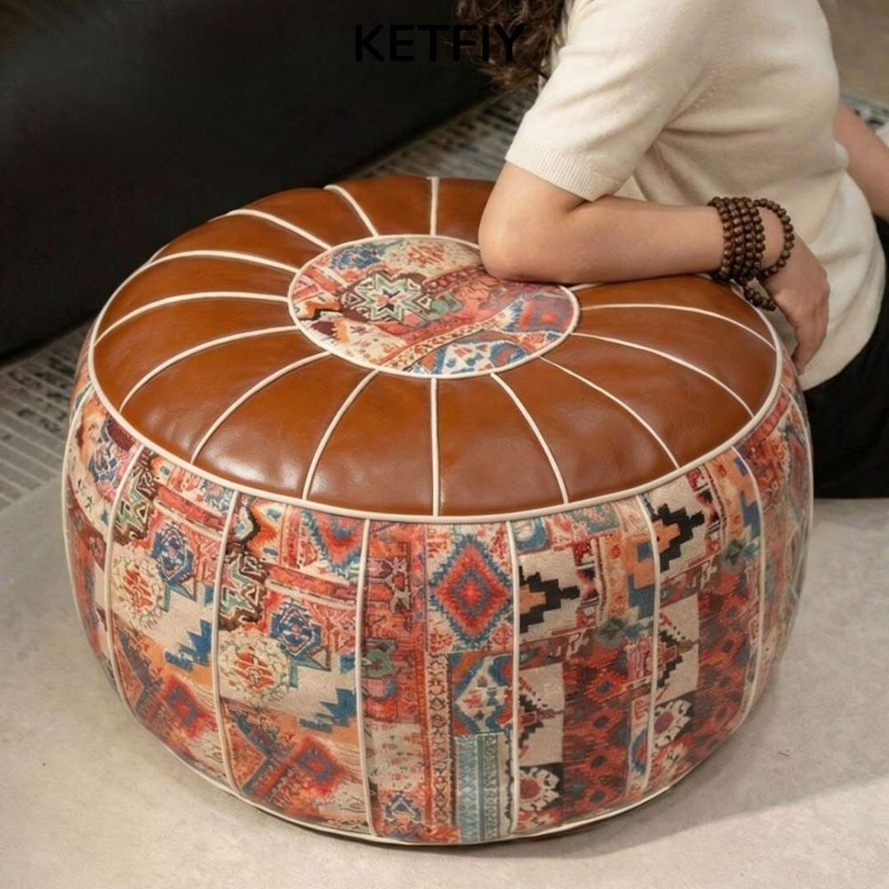 KETFIY Ottoman Pouf, Mở Lớn Thiết Kế Lấp Đầy Nắp Chân, Chống Nước Họa Tiết Boho Da PU Tròn Pouf Bao 