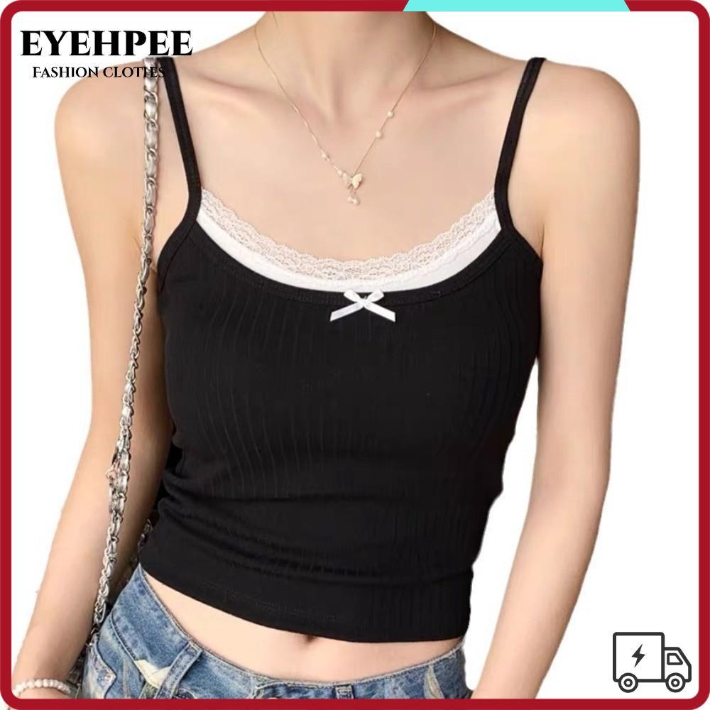 EYEHPEE Spaghetti Strap Tank, Spaghetti Straps Ribbed Đan Ren Cami Top, Màu Trơn Ngọt Ngào Nơ Accent