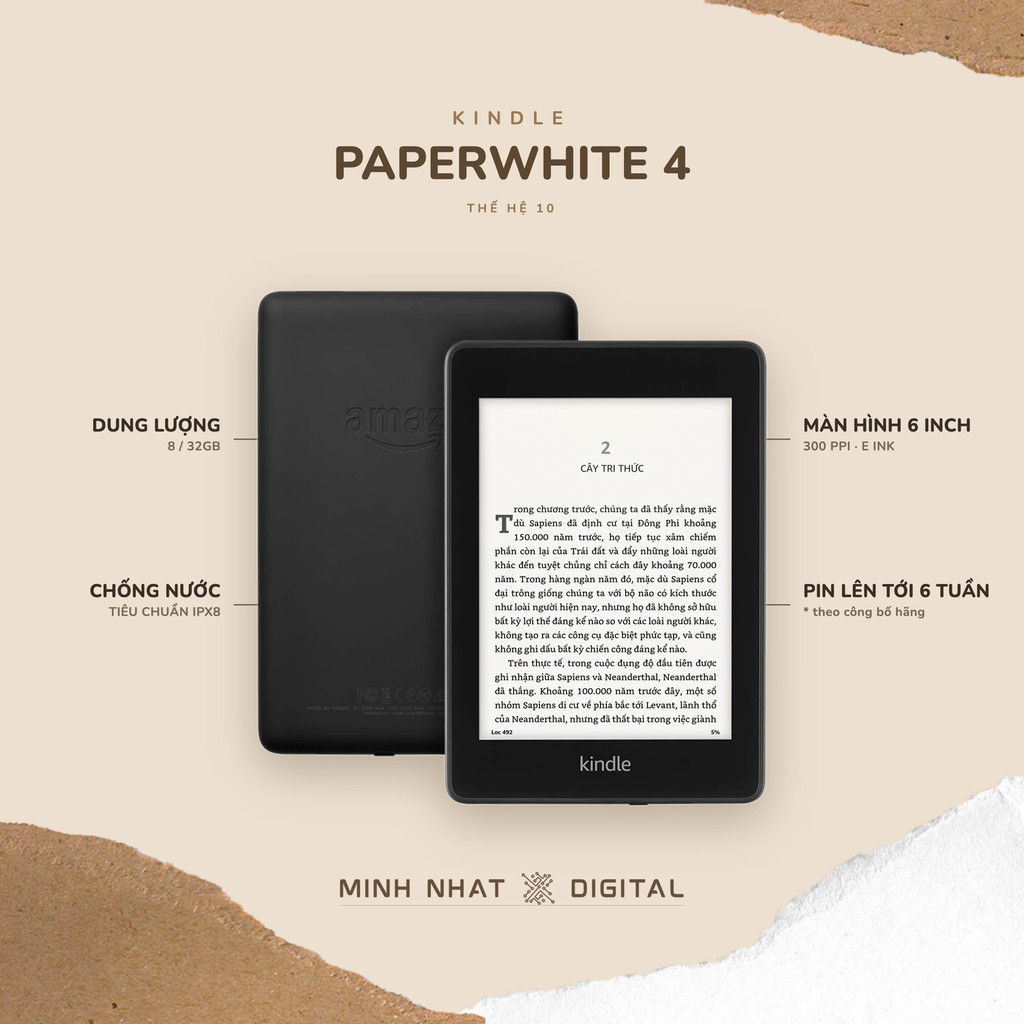 Máy đọc sách Kindle Paperwhite 4 (Tặng bao da hoặc ốp lưng) 6 inch chống nước - 10th Gen PPW4