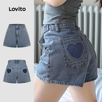 Quần short denim nữ Lovito xanh dương xuân hè wash túi phong cách thường ngày L183ED041