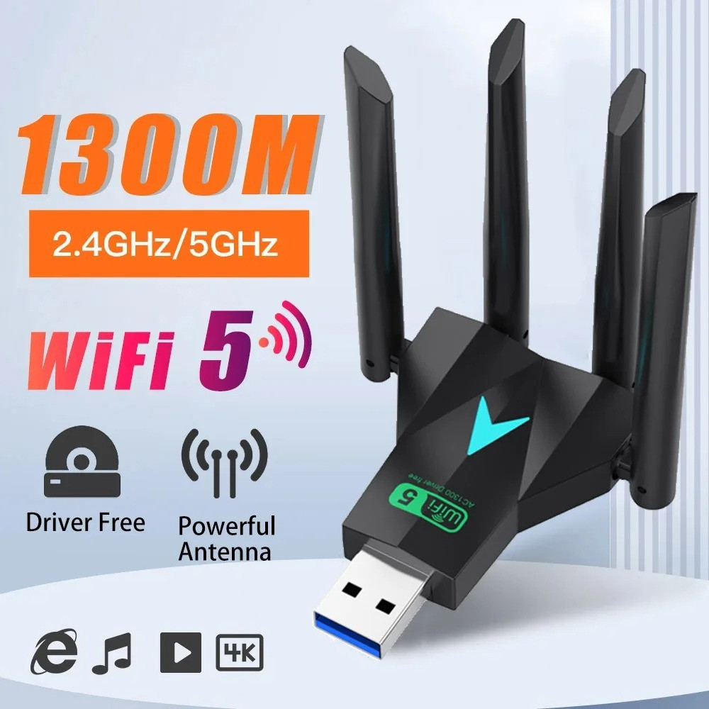 USB WiFi 1300Mbps AC1300 Card Mạng WiFi USB 4 Ăng Ten Thu Sóng WiFi 2.4G/5GHz Chuẩn WiFi 5 Có Driver