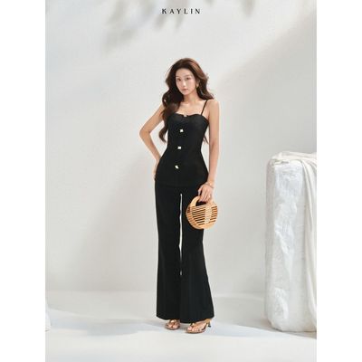 Set KAYLIN Noir áo hai dây đính khóa phối quần suông chất vải Tweed phong cách thanh lịch BST AURELIA - SET202