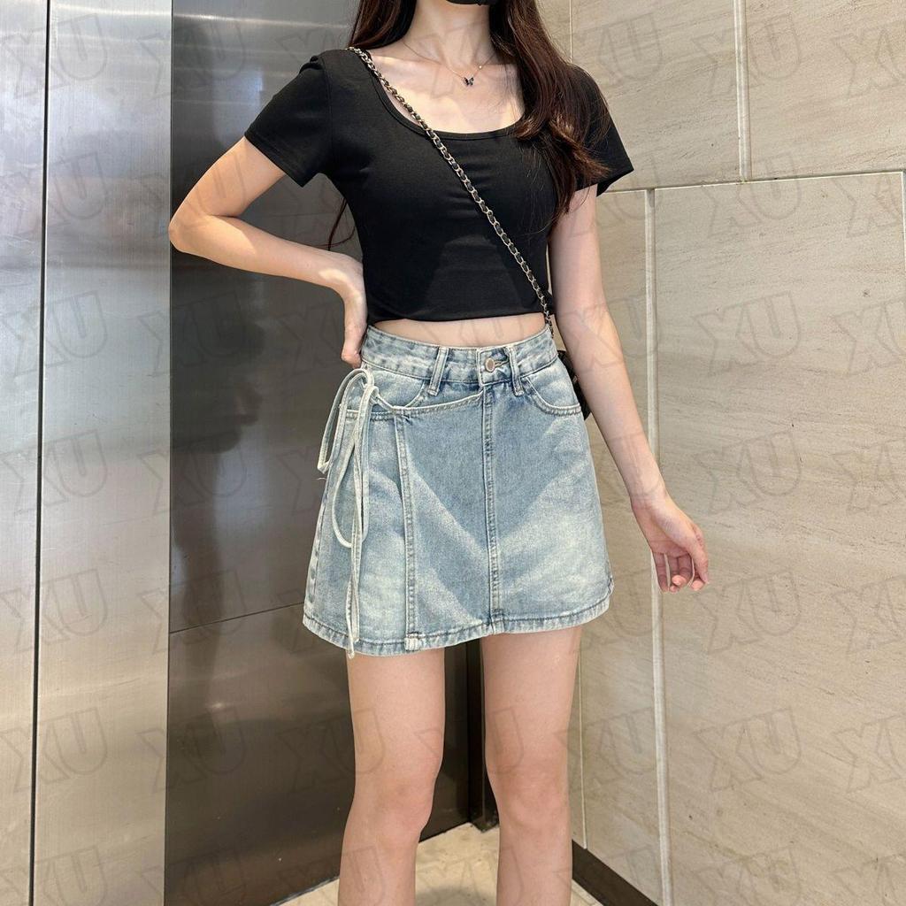 [Giảm giá 50%] Xanh nhạt Rời Không Đều chữ a Denim Ngắn Culottes Người Nhỏ Ôm Hơn Nhìn Mùa Hè Phù Hợp