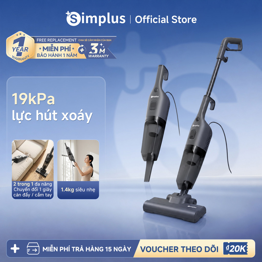 Simplus máy hút bụi đứng 19kPa lực hút mạnh Cầm tay & cán đẩy 2 trong 1 Tự…