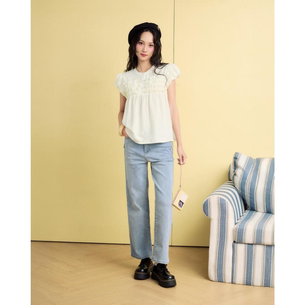 Áo babydoll nữ tay phồng THE C.I.U, áo dáng suông phối nhún bèo form rộng – Doris Babydoll Top