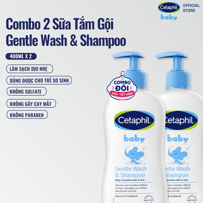 Combo 2 Sữa tắm gội dịu lành cho bé Cetaphil Baby Gentle Wash & Shampoo 400ml/chai