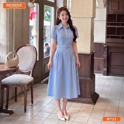 Đầm thiết kế BEMINE cổ sơ mi phối caro dáng chữ A phù hợp đi làm,đi chơi-B721