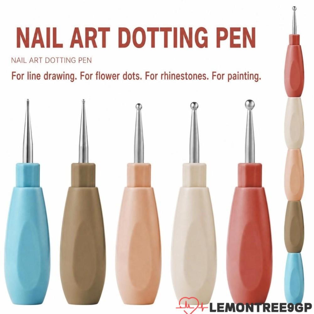 LEMONTREE9GP Bộ 5 Bút Nail Art, Bút chấm móng tay bằng thép không gỉ đầy màu sắc, Tay cầm nhiều màu 