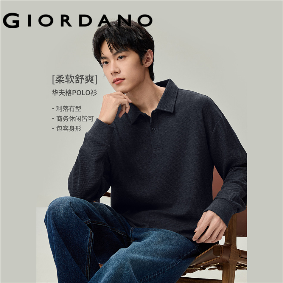 GIORDANO MEN Waffle long sleeve loose polo shirt 13016619