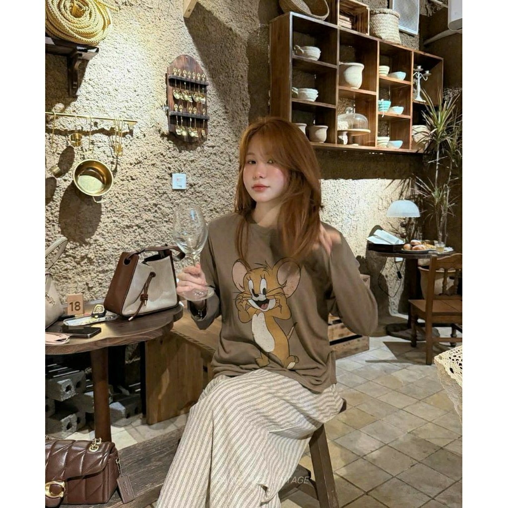 Set bộ chuột jerry nâu tây tay dài phối kẻ | Lương Su Shop