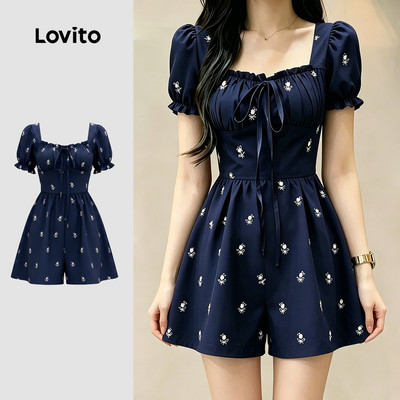 (New Arrival) Lovito Bộ liền nữ phong cách thường ngày nơ và bèo nhún màu xanh đậm mùa xuân/hè LK7AD299