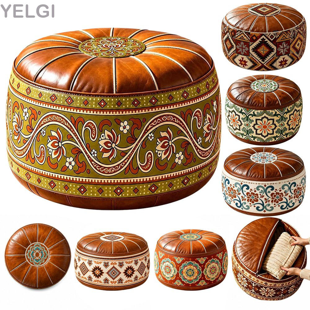 YELGI Fillable Ottoman Pouf, Thêu Họa Tiết Da PU Bảo Quản Ottoman, Phong Cách Ma-rốc Hình Tròn Tròn 