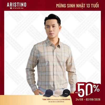 Áo Sơ Mi Nam Dài Tay Aristino Thiết Kế Slim Fit Màu Be Kẻ Nam Tính Lịch Sự ALS1410S2