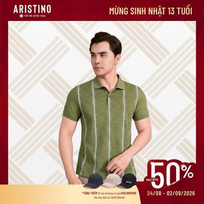 Áo Polo Nam Tay Ngắn Aristino Regular Fit Màu Xanh Rêu Kẻ Sọc Trắng APS125AS4