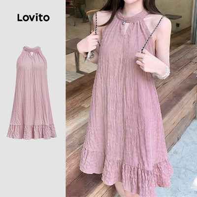 Đầm Lovito lai bèo xếp nếp buộc sau mùa xuân/hè màu tím phong cách thường ngày cho nữ L178ED1244