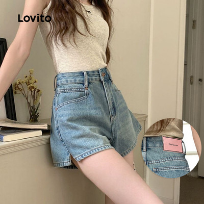Lovito Quần short denim nữ màu xanh lam phong cách thường ngày kiểu dáng cạp cao xẻ túi phù hợp mùa xuân/hè L191AD081