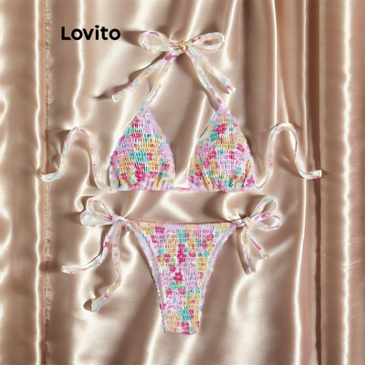 Lovito Kỳ nghỉ Bộ Bikini Bộ Bikini buộc dây hoa bẩn cho nữ LNL43036