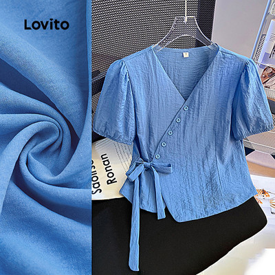 Áo Lovito thắt nơ phía trước có nút bất đối xứng màu xanh dương phong cách thường ngày mùa xuân hè cho nữ L142LD448