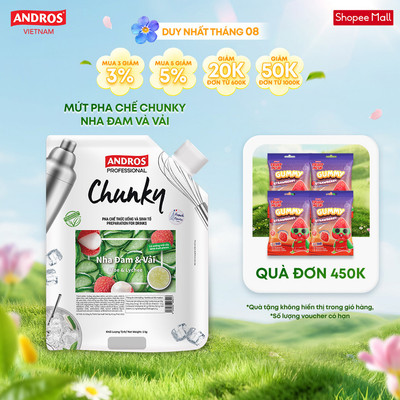 Mứt Trái Cây Pha Chế Nha Đam & Vải - Có miếng trái cây thật - Nguyên liệu pha chế - ANDROS CHUNKY - 1kg