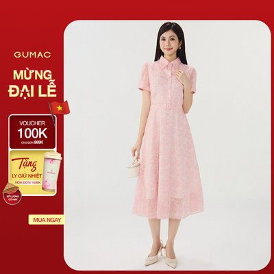 Đầm Nữ GUMAC Form A Xòe Cổ Sơ Mi Tay Ngắn Thắt Lưng Bọc Vải Thanh Lịch Phù Hợp Đi Làm Đi Chơi DG07030