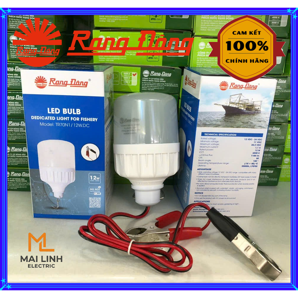 (Rạng Đông) Bóng đèn Led bulb 12W Dây kẹp Ắc Quy dòng điện sử dụng từ 12V đến 24V - Ánh sáng trắng