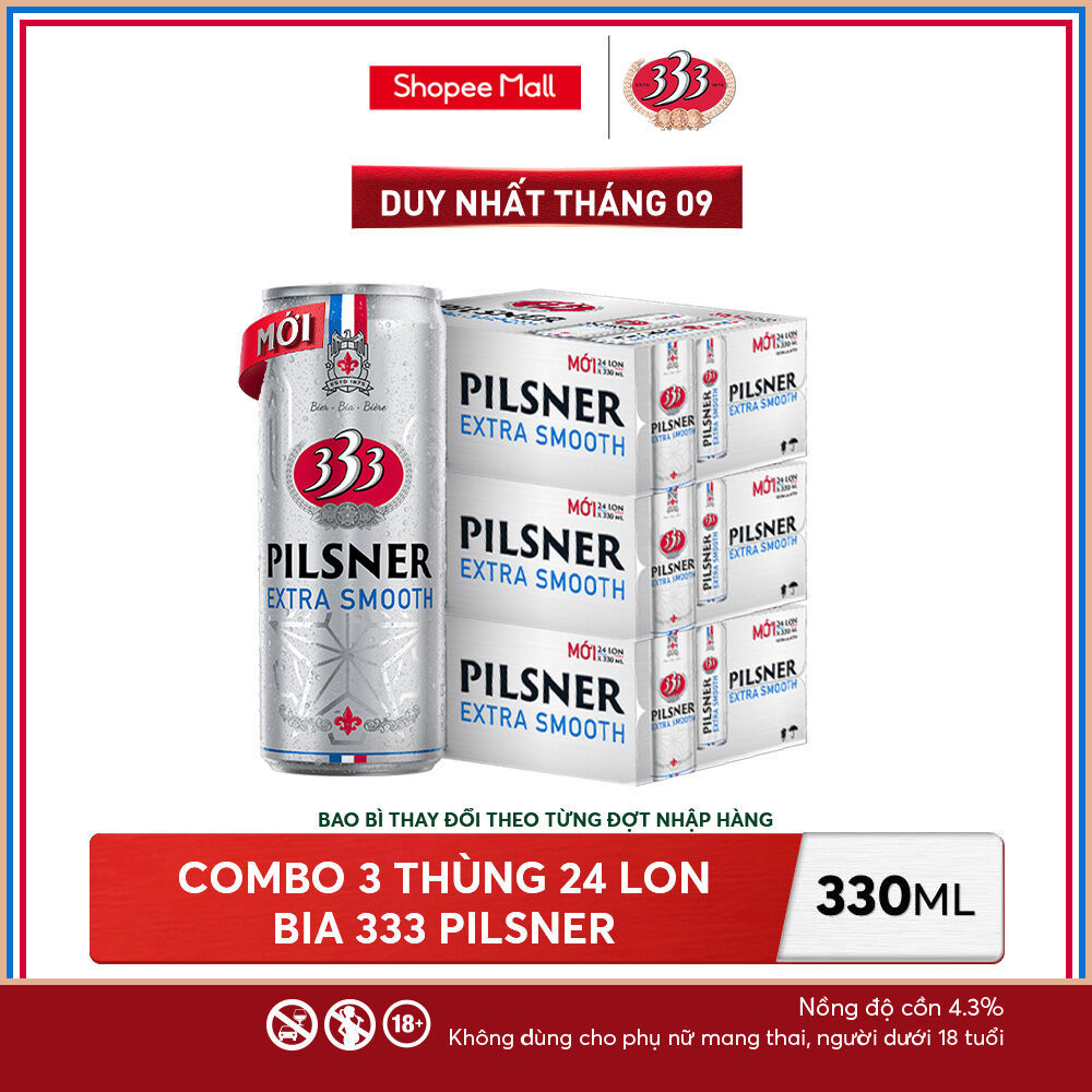 Nồng Độ Cồn 4.3% - Combo 3 Thùng 24 Lon Bia 333 Pilsner 330ml