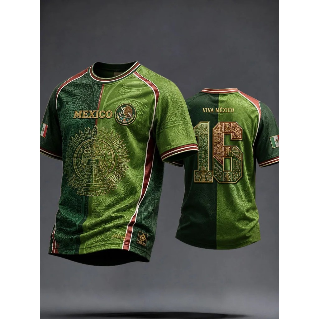 Mexico Aztec Lịch Viva Mexico 16 Áo thun nam họa tiết, Áo thun ngắn tay bóng đá Mexico màu xanh lá c