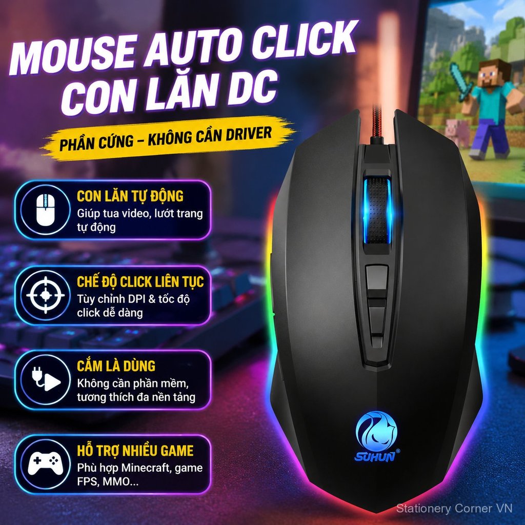 Chuột auto click DC liên tục, không cần driver, dùng game Minecraft, mini, tiện lợi