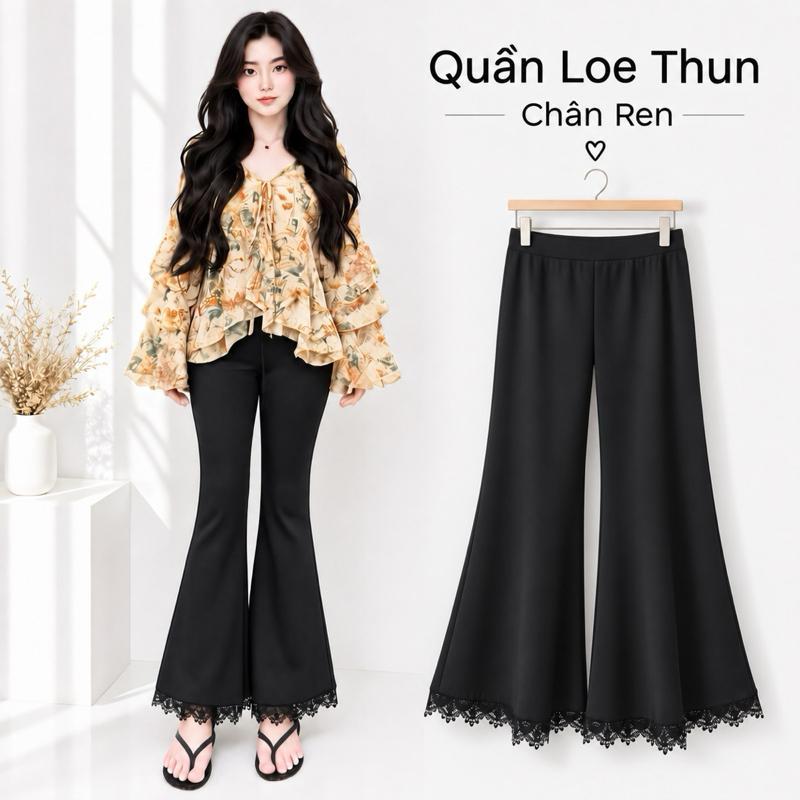 [L910 Có Dáng Nấm] Quần Loe Chân Ren Cạp Cao Chất Thun Co Dãn Mềm Mại Tôn Dáng Phong Cách Thời Trang