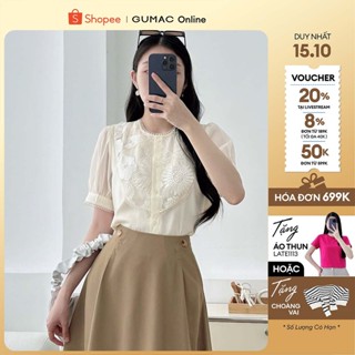 [TẶNG QUÀ ĐƠN 699K] Áo sơ mi nữ kiểu tay phồng voan tơ phối ren họa tiết hoa tay ngắn cổ tròn thời trang GUMAC LAE0825