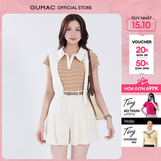 Áo polo nữ sọc nâu be phối tay cánh dơi thun len mềm mịn co giãn thời trang GUMAC PLF06006