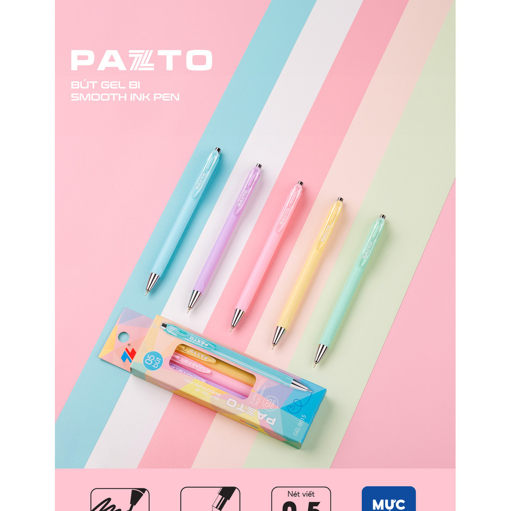 Hộp 5 Bút gel bi Pazto TL  ngòi 0.5mm - Mực xanh viết trơn êm, thân bút 5 màu tone pastel GEL-B015 (