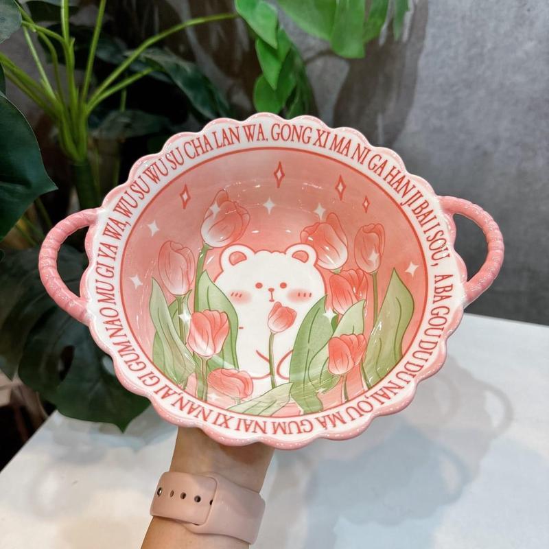 Bát Sứ Có Tay Cầm Kèm Thìa Xinh Xắn Bao Gồm 1 Bát 1 Thìa