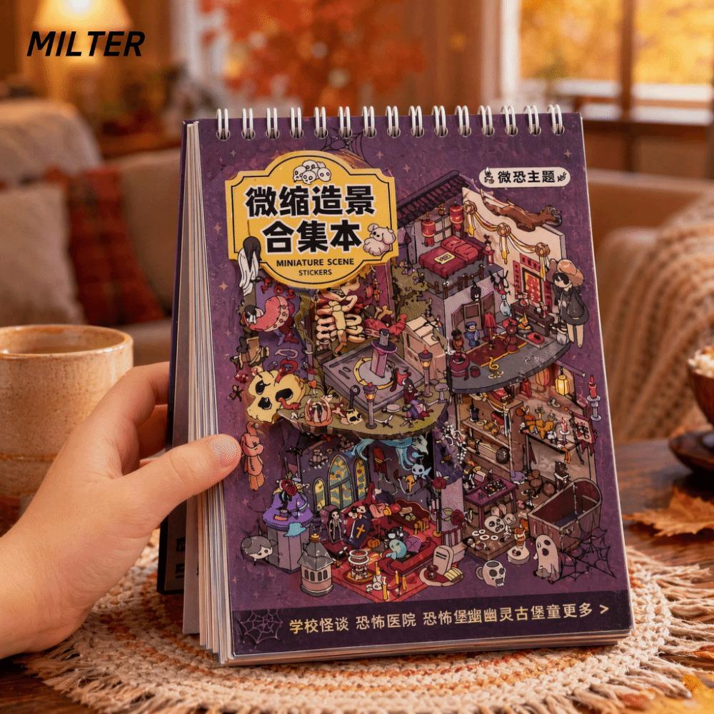 MILTER Nhãn dán cảnh thu nhỏ, Chủ đề PET Die Cut Scenery Sticker Book, 20 cảnh DIY Xếp chồng miếng d