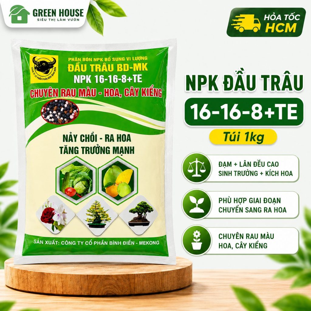 Phân Bón NPK Đầu Trâu 16-16-8+TE Bình Điền Túi 1kg | Thêm vi lượng, tăng sinh trưởng | Green House