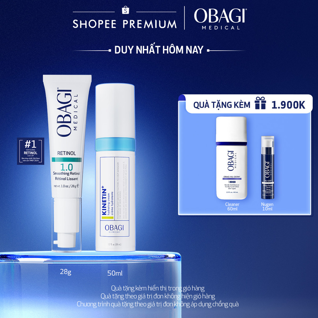 Bộ đôi Kem Dưỡng Đêm Obagi Retinol 1.0 (28g) và Kem dưỡng phục hồi Obagi Clinical Kinetin+ Hydrating