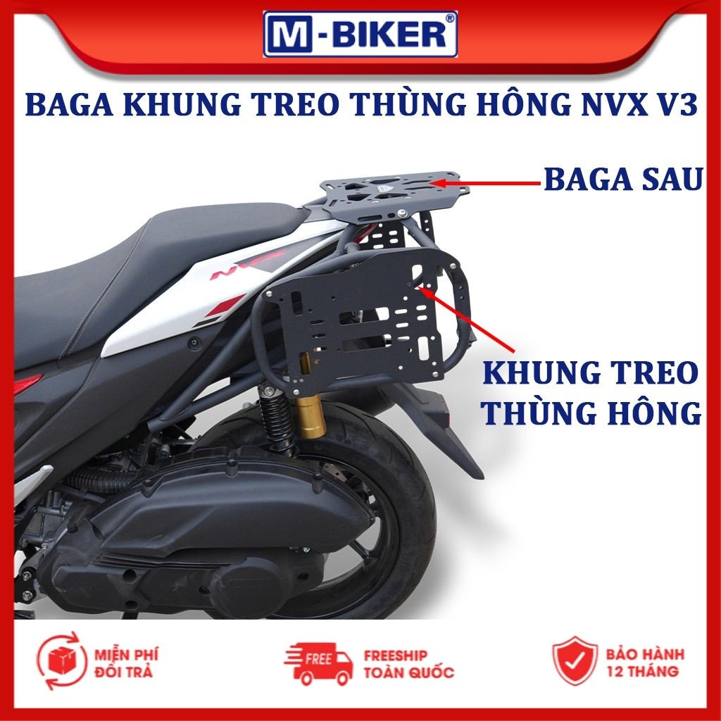 Baga NVX V3, Baga sau gắn khung treo thùng hông NVX V3, Baga gắn 3 thùng cho Yamaha NVX V3 | M-Biker