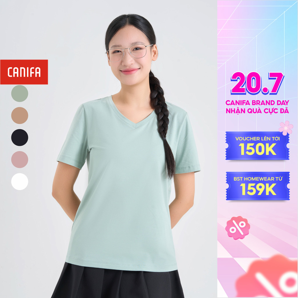 Áo phông trơn nữ cổ tim ngắn tay CANIFA 6TS25A002