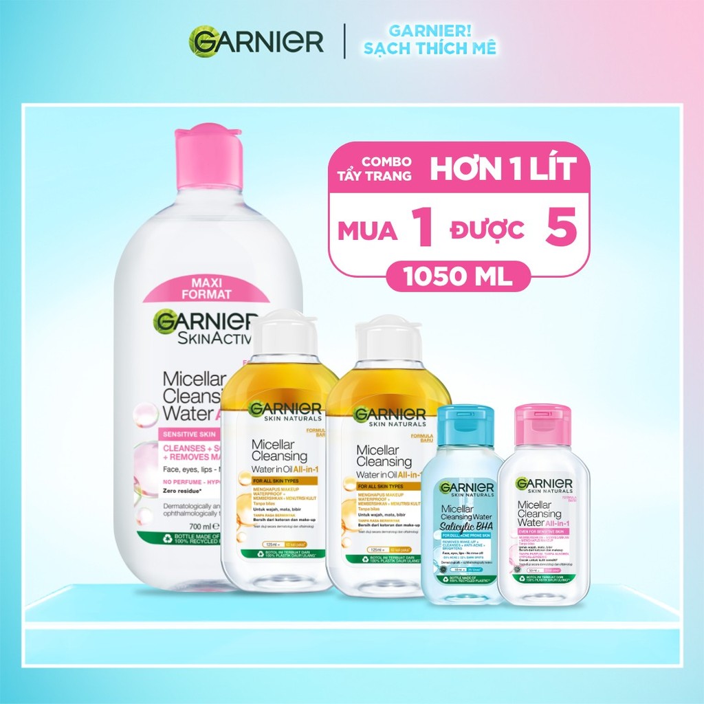 Bộ 1 LÍT Nước Tẩy Trang làm sạch sâu dịu nhẹ cho mọi loại da- Garnier Micellar Cleansing Water
