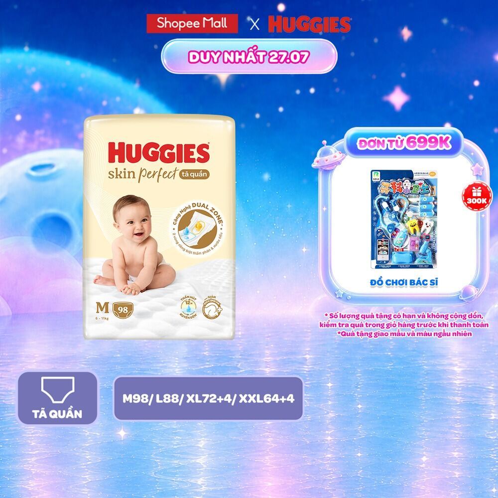 Tã quần Huggies Skin Perfect Mega Jumbo cỡ M/L/XL/XXL với 2 vùng thấm giảm kích ứng da