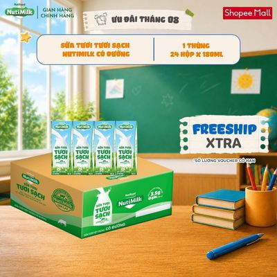 Thùng 24 Hộp Sữa Tươi Tươi Sạch NutiMilk Có Đường Hộp 180ml