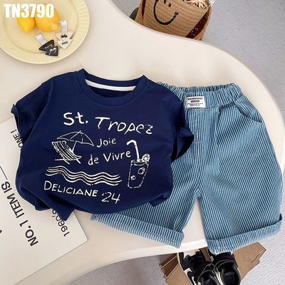 Set Áo Thun Ngắn Tay Bé Trai Xanh Navy In Chữ Phối Quần Short Sọc Xanh Trắng MINTSCLOSET TN3790