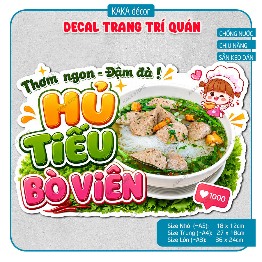 Decal Hủ Tiếu Bò Viên Chống Nước Chịu Nắng Trang Trí Quán Ăn - Tranh Dán Kính, Tường, Gỗ, Gạch Men.