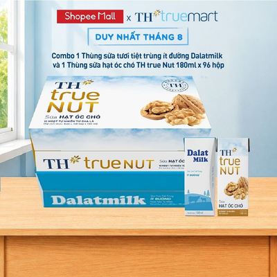 Combo 1 Thùng sữa tươi tiệt trùng ít đường Dalatmilk và 1 Thùng sữa hạt óc chó TH true Nut 180ml x 96 hộp