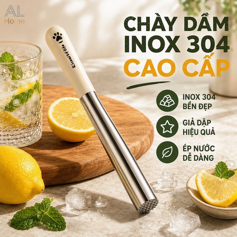 Chày Dầm Inox 304, Chày Dầm Pha Chế, Chày Giã Trái Cây, Đập Đá, Tay Cầm Chống Trượt